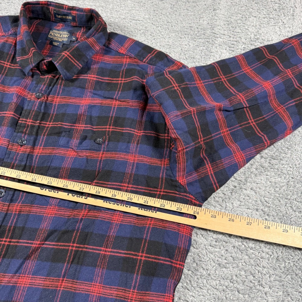 Pendleton Flannel Shirt Mens XL Blue Red Plaid Hawthorne Elbow Patches Pockets - Picture 5 of 6